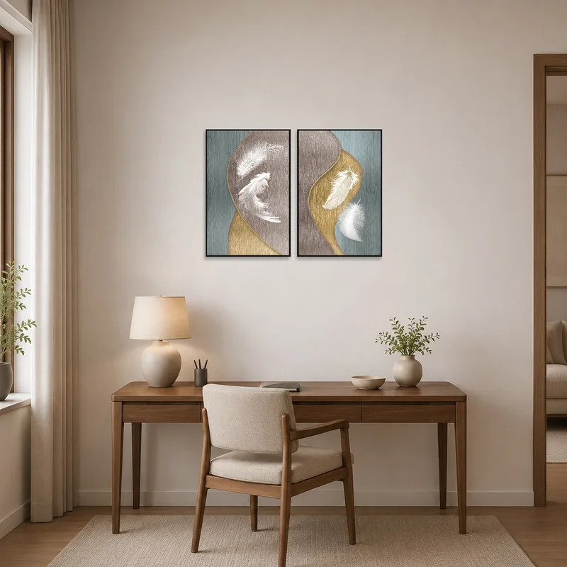 Dual feather art set enhances the aesthetic of a modern home office.