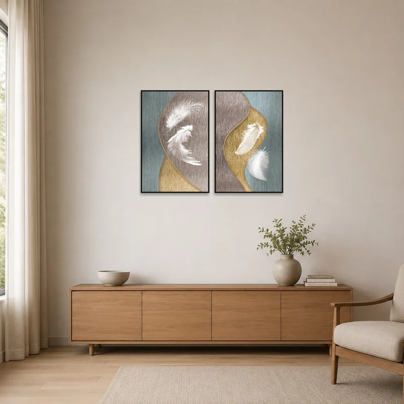 Dual feather artwork set adds subtle elegance to a minimalist room.