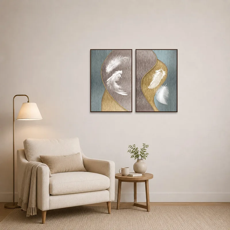 Feather art set lends a tranquil touch to a cozy reading corner.