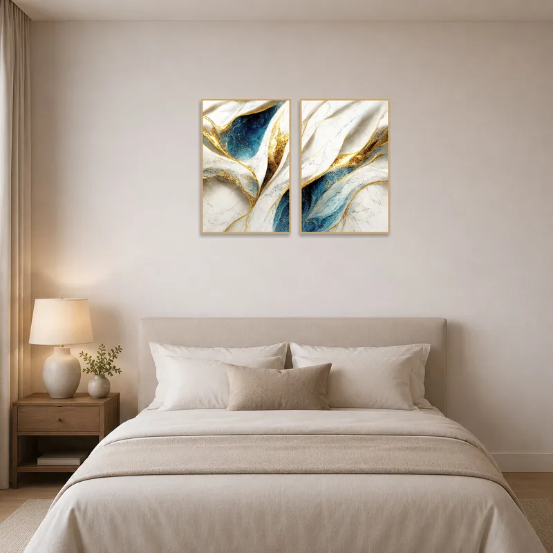 Bedroom wall enhanced by abstract blue and gold art.