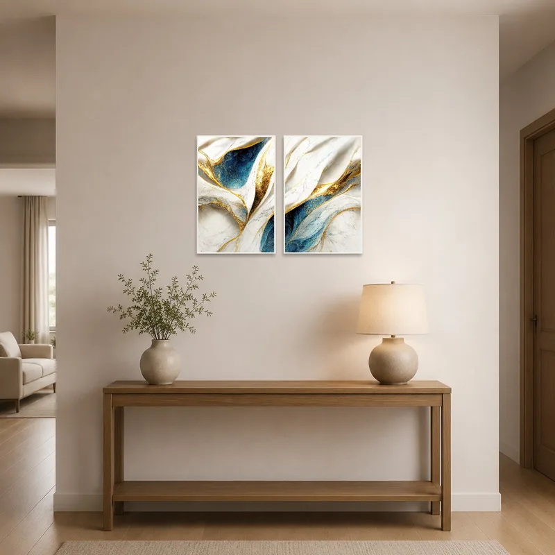 Abstract prints welcoming guests in a stylish entrance hall.
