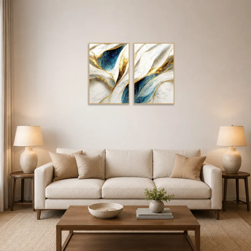 Abstract blue and gold art on living room wall beside a modern sofa.