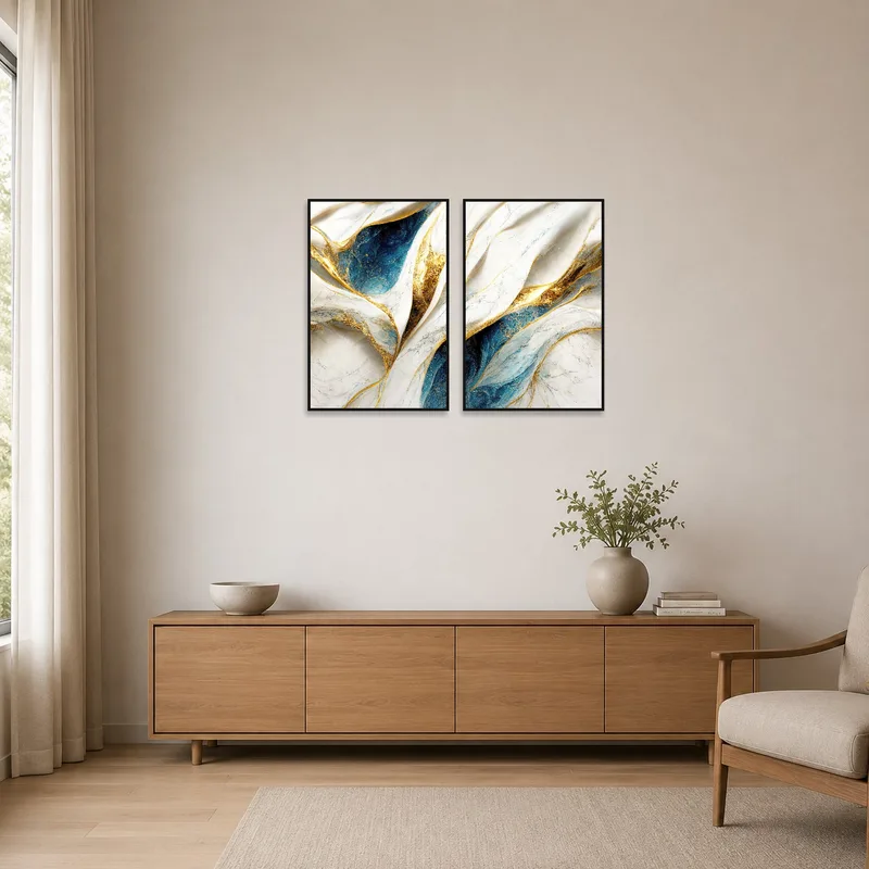 Minimalist room with blue and gold prints adding a touch of elegance.
