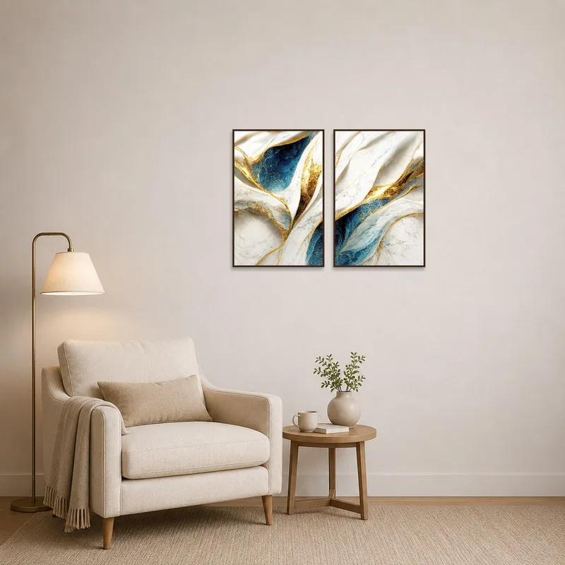 Reading corner adorned with calming blue and gold art pieces.
