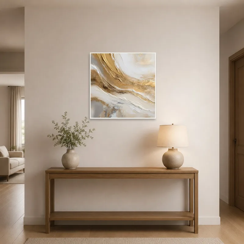 Entrance hall featuring an abstract print with earth tones.