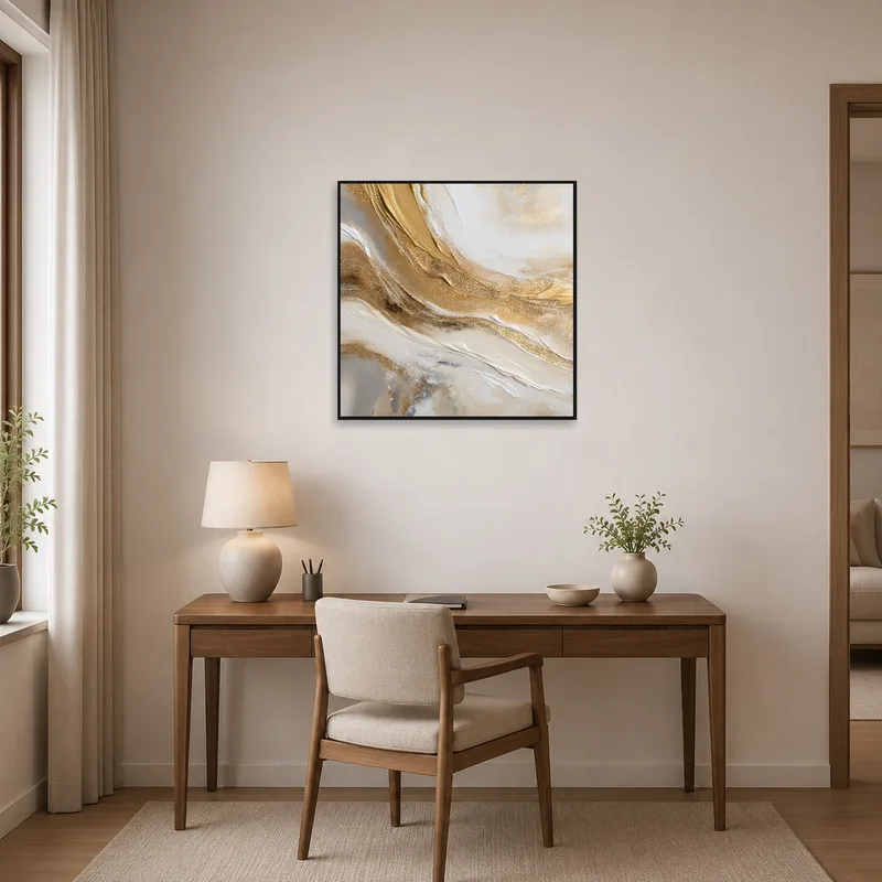 Home office exhibiting an elegant earth tones abstract piece.