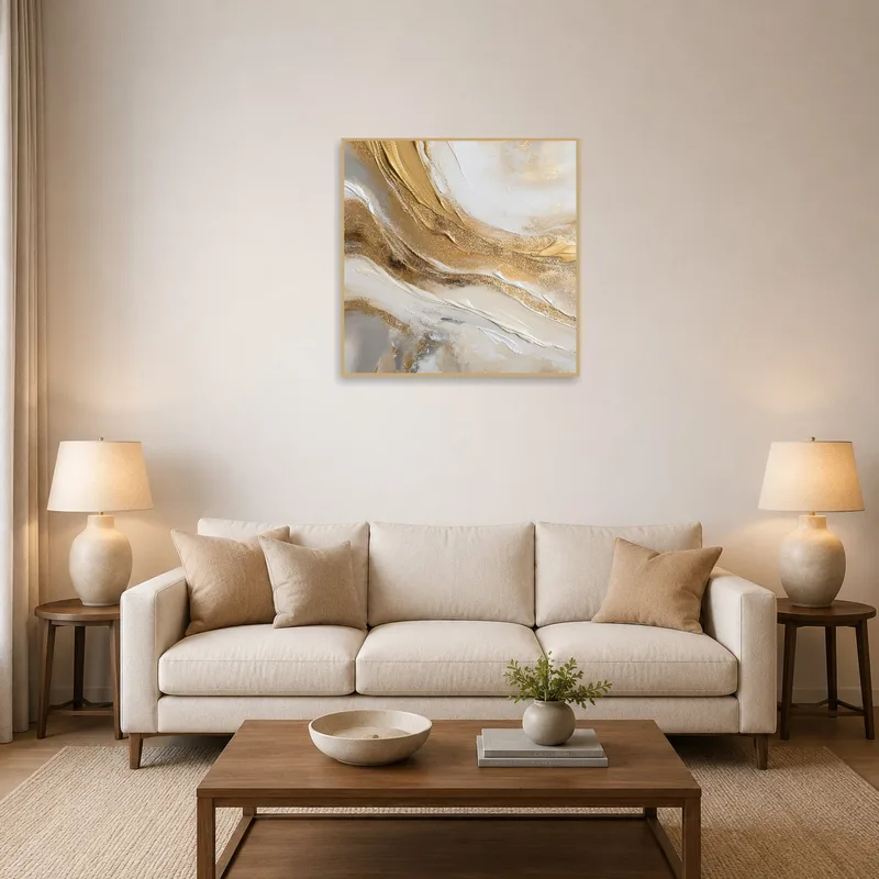 Abstract earth tones print on living room wall above a modern sofa.