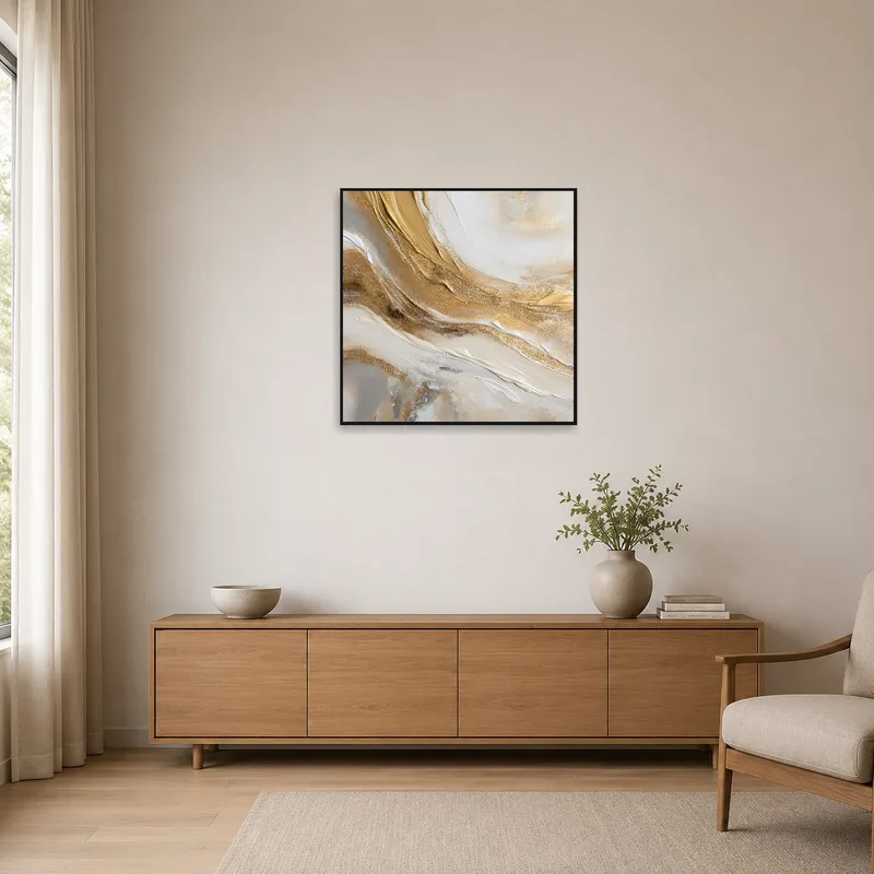 Minimalist room with an abstract square print in earth tones.