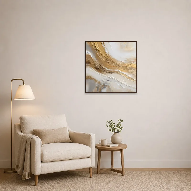 Reading corner enhanced by an earth tones abstract artwork.