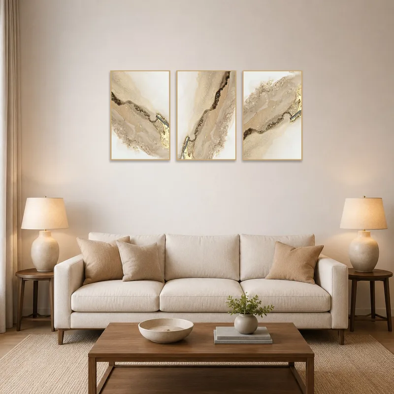 Abstract triptych in warm earth tones adorns a cozy living room wall.