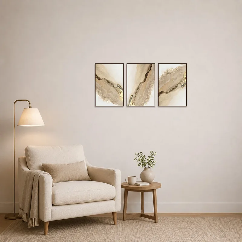 Triptych art with earth tones complements a tranquil reading corner.