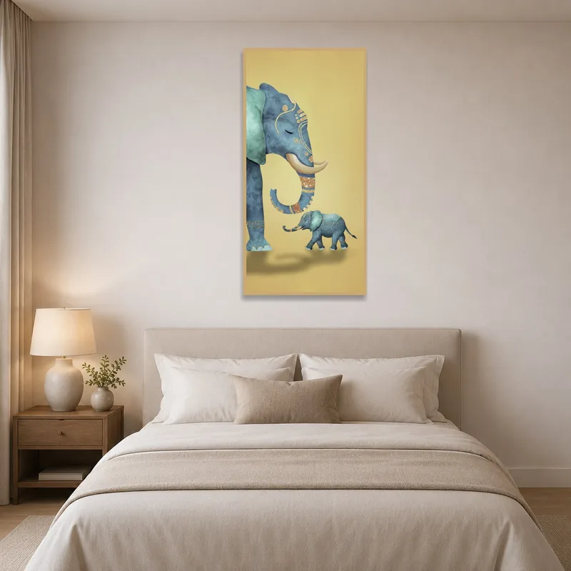 Elephant duo canvas above a bed with neutral bedding and soft lighting.