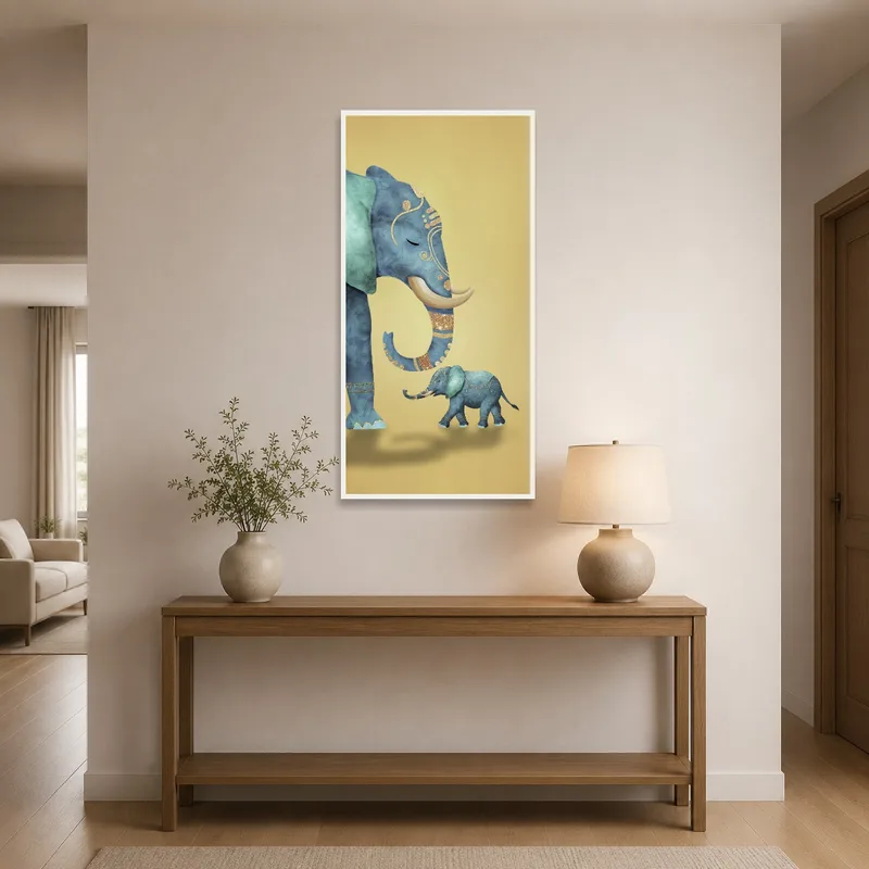 Elegant elephant artwork near a wooden console table and a coat rack.