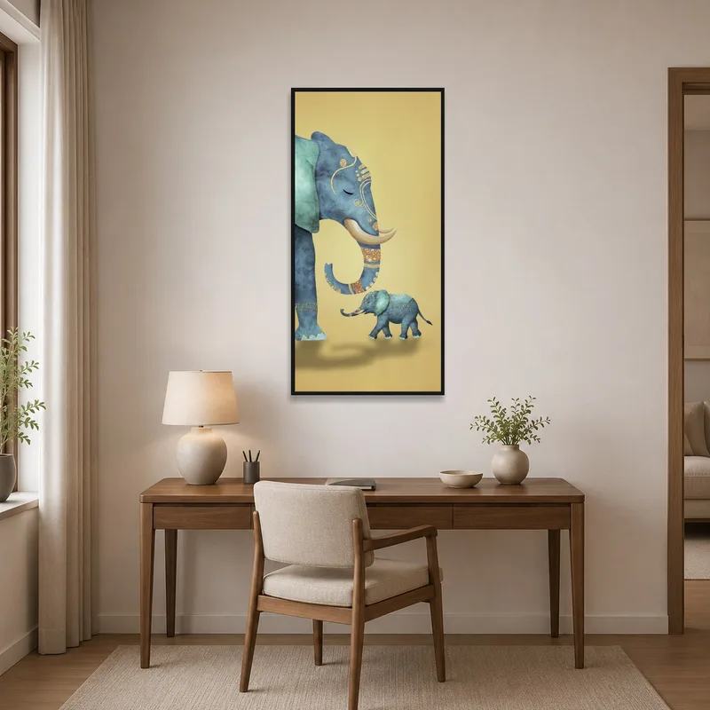 Elephant art above a sleek desk surrounded by organized office supplies.
