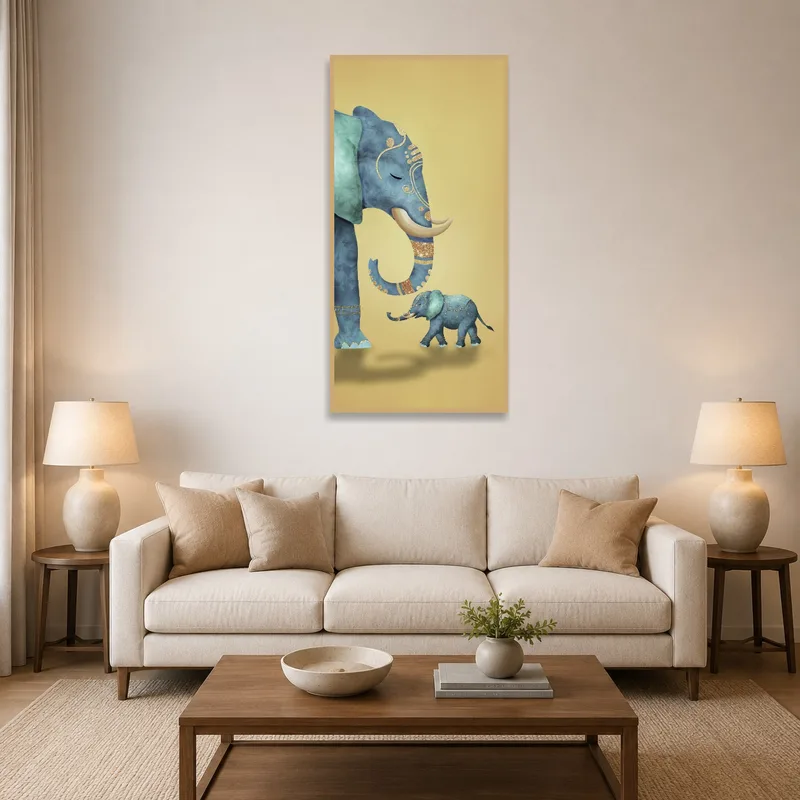 Golden canvas elephant art above a modern gray sofa with colorful cushions.