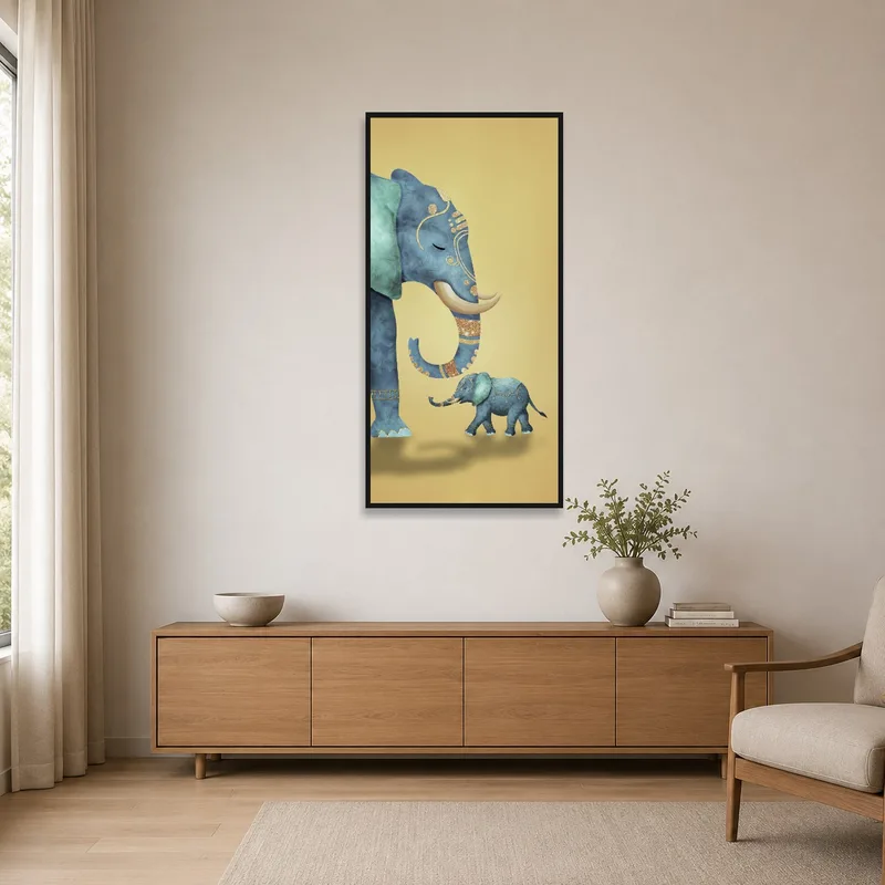 Elephant duo canvas against a stark white wall with minimal furnishings.