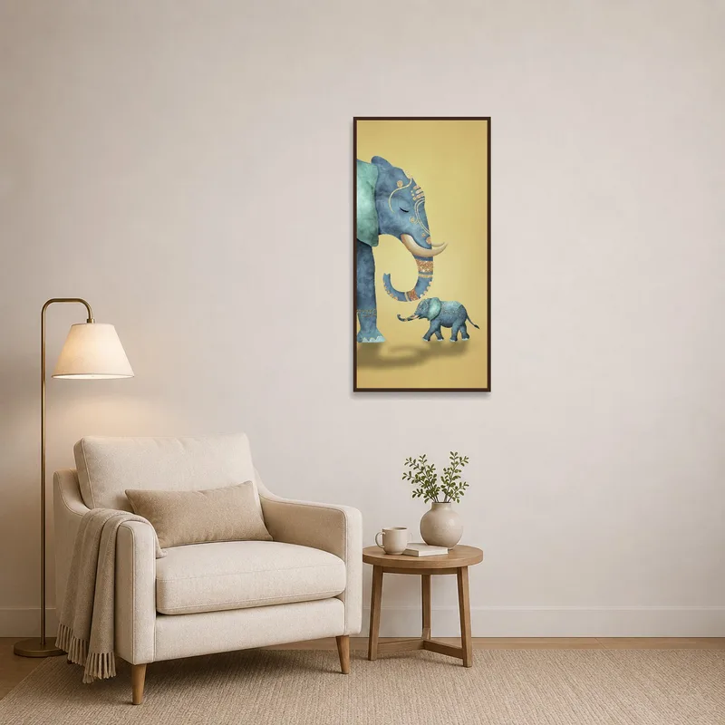 Cozy reading corner with an elephant canvas beside a comfy armchair.