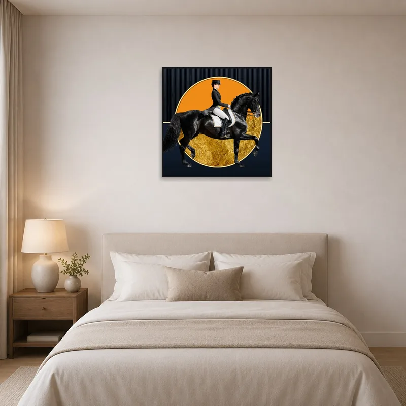 Bedroom displaying equestrian art with striking gold elements.