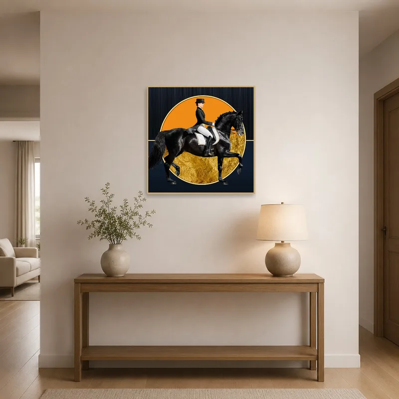 Entrance hall showcasing a horse-themed artwork with gold accents.