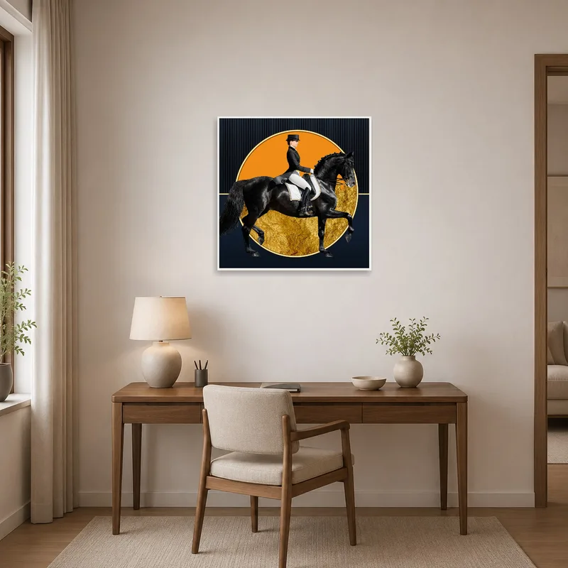 Home office enhanced by art featuring a horse with gold highlights.