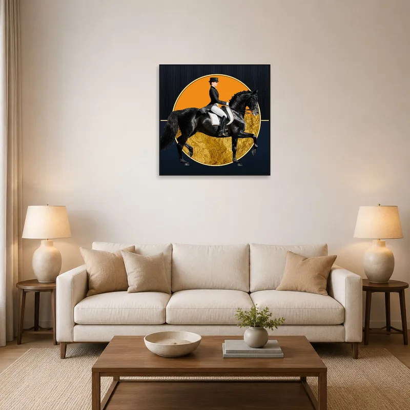 Equestrian art with gold accents highlighted on a living room wall.