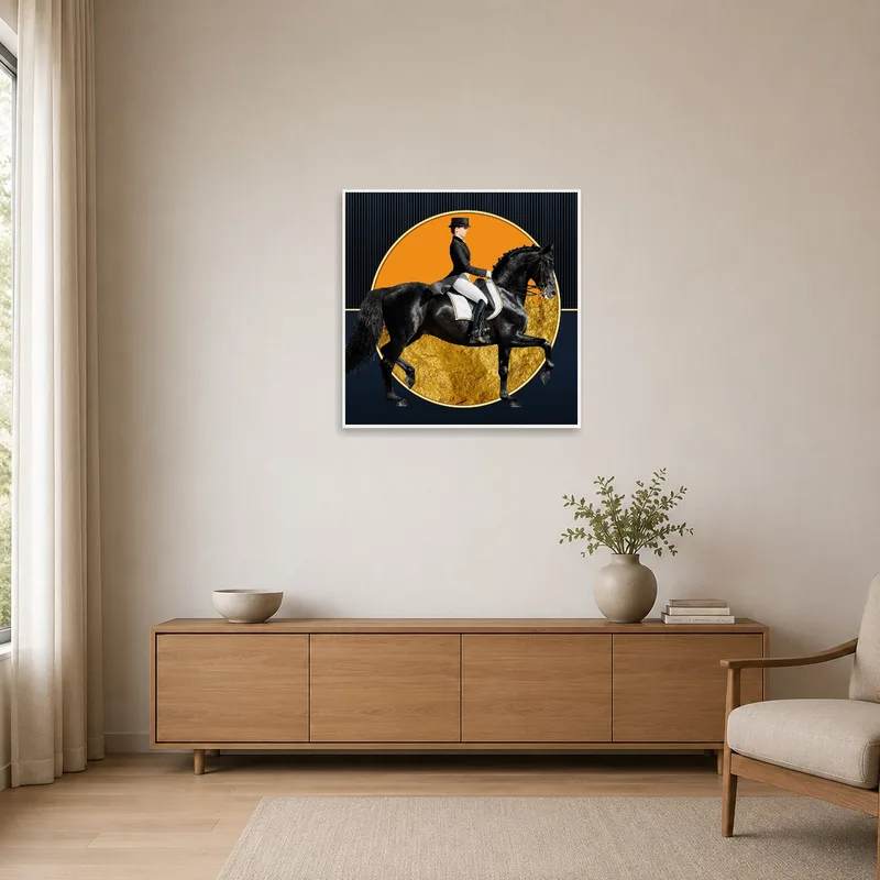 Minimalist room featuring horse art with gold details.
