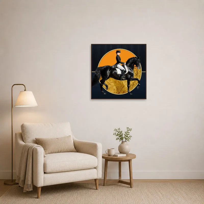 Reading corner adorned with elegant horse art accented in gold.