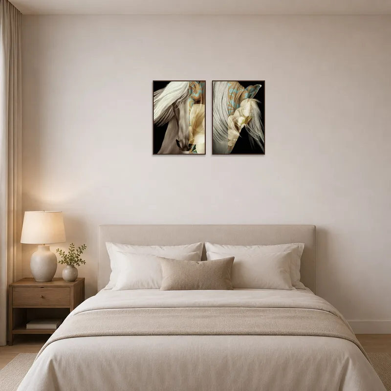Surreal horse art set adds charm above a plush bedroom headboard.