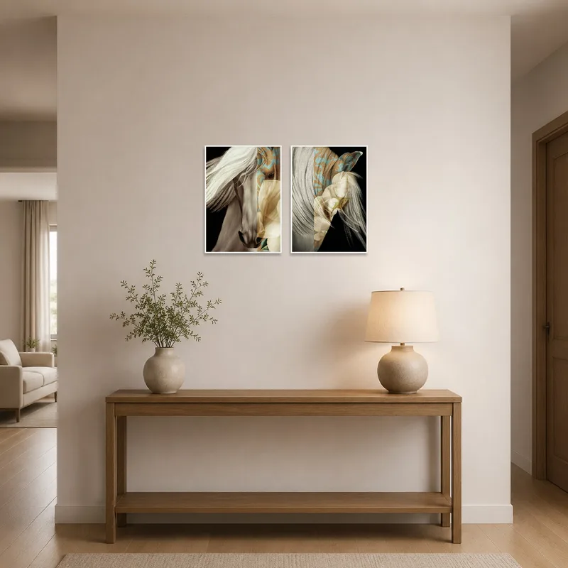 Surreal horse art set enhancing the entrance hall with elegance.