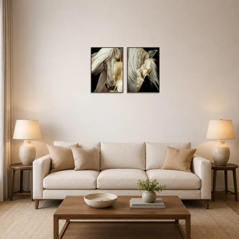 Surreal horse art set displayed above a modern living room couch.