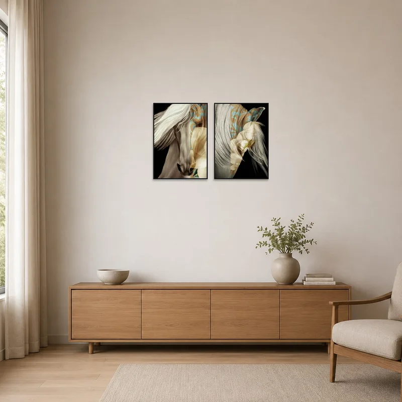 Surreal horse art set against a clean, white minimalist wall.
