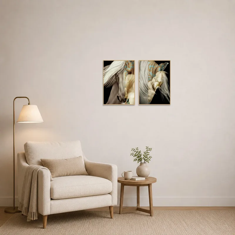 Surreal horse art set bringing character to a cozy reading corner.