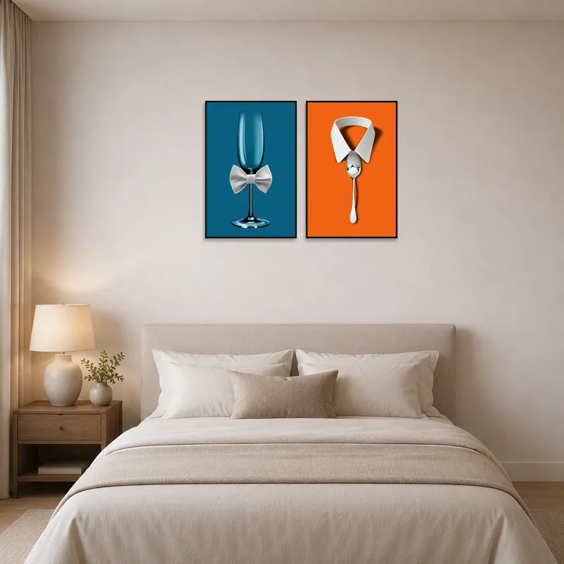 Trendy fashion culinary set adding charm to a bedroom wall.