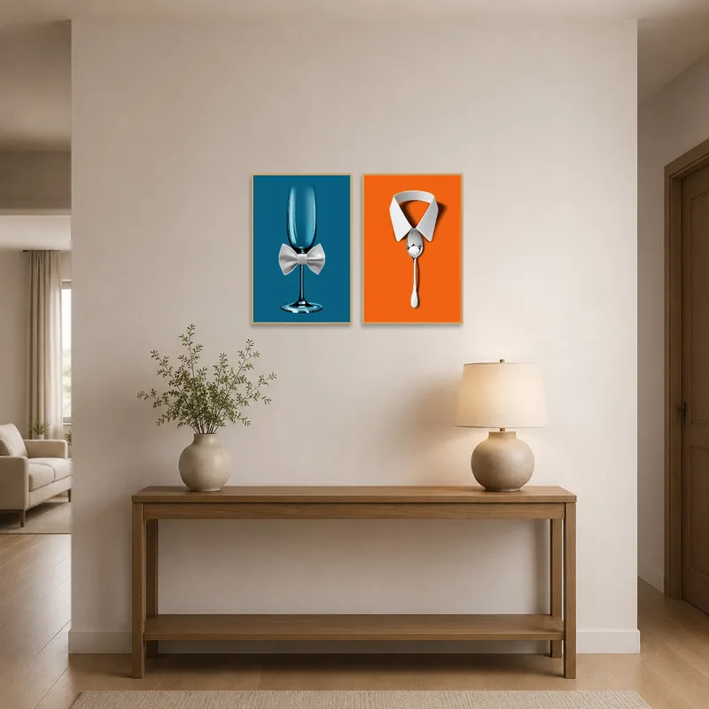 Stylish fashion culinary prints welcoming guests in an entrance hall.