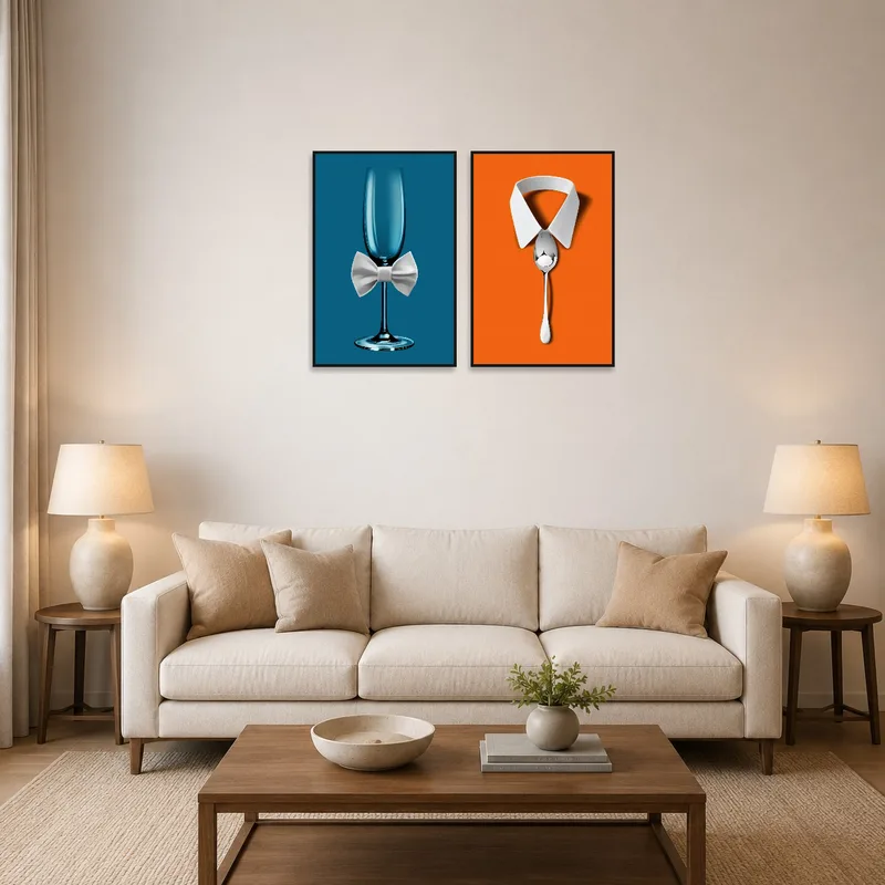 Elegant fashion culinary art set on a living room wall adding style.