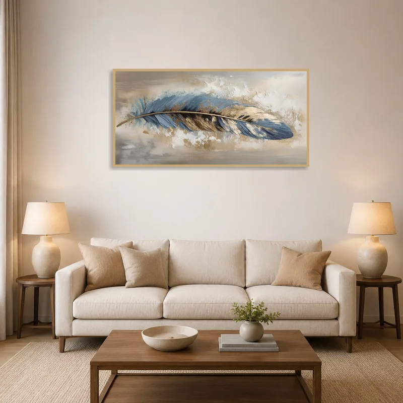 Blue and gold feather abstract art above a modern living room sofa.