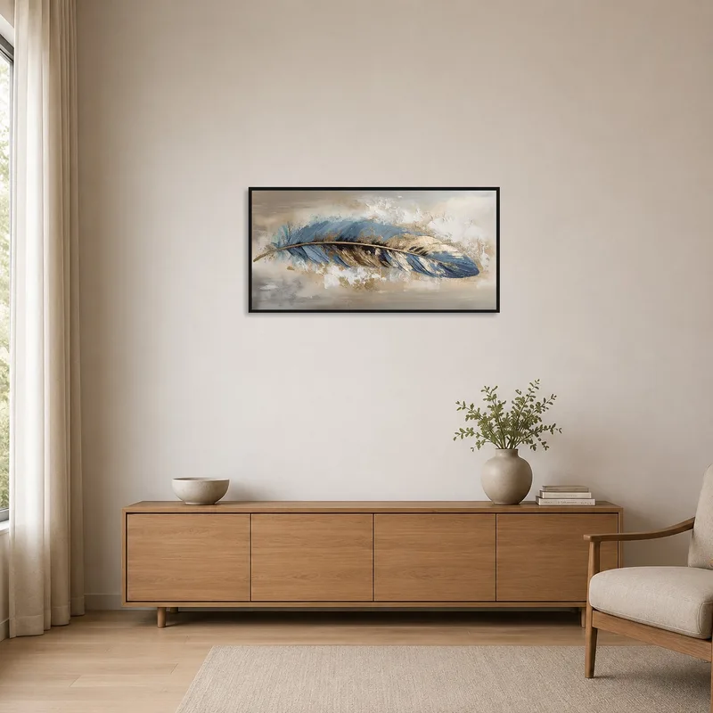 Elegant feather art on a white wall in a minimalist space.
