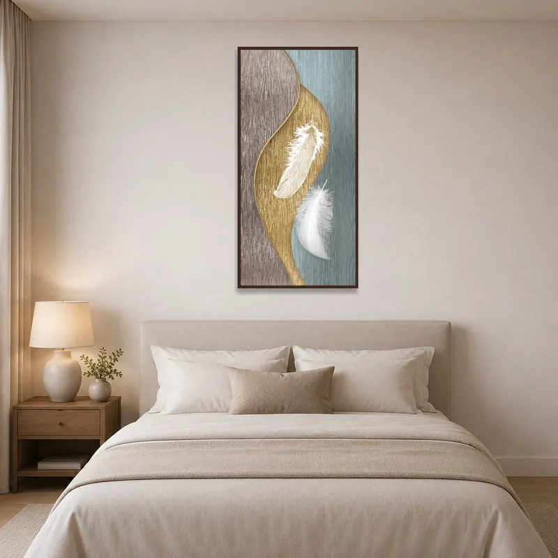 Elegant feather abstract art bringing tranquility to a cozy bedroom setting.