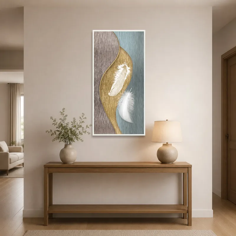 Elegant feather abstract art welcoming guests in a modern entrance hall.