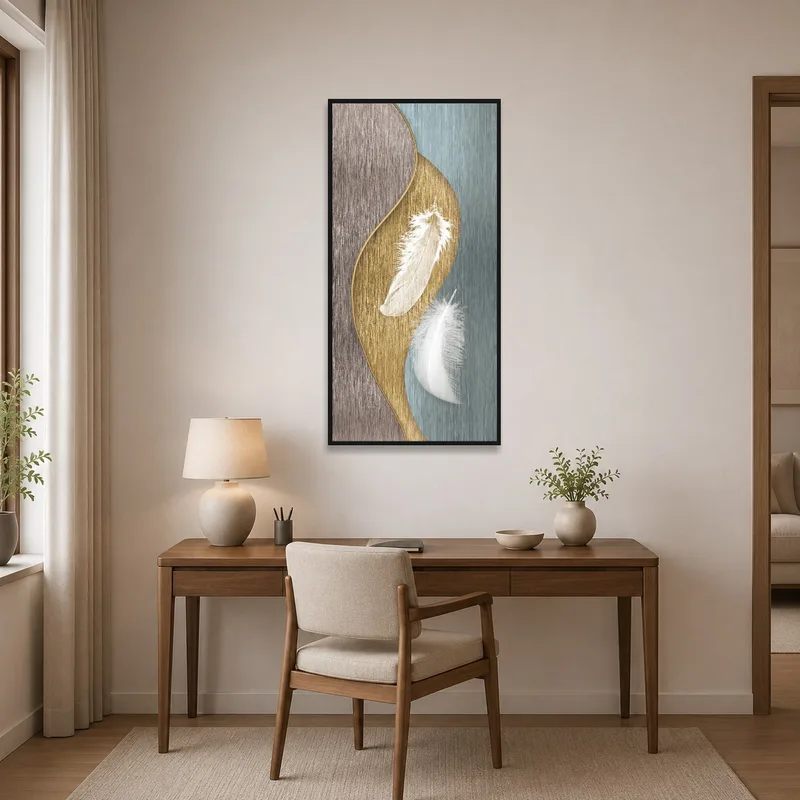 Elegant feather abstract art inspiring a serene atmosphere in a home office.