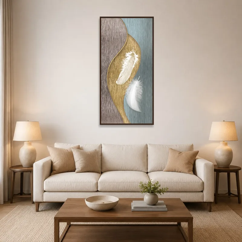 Elegant feather abstract art complementing a stylish living room interior.