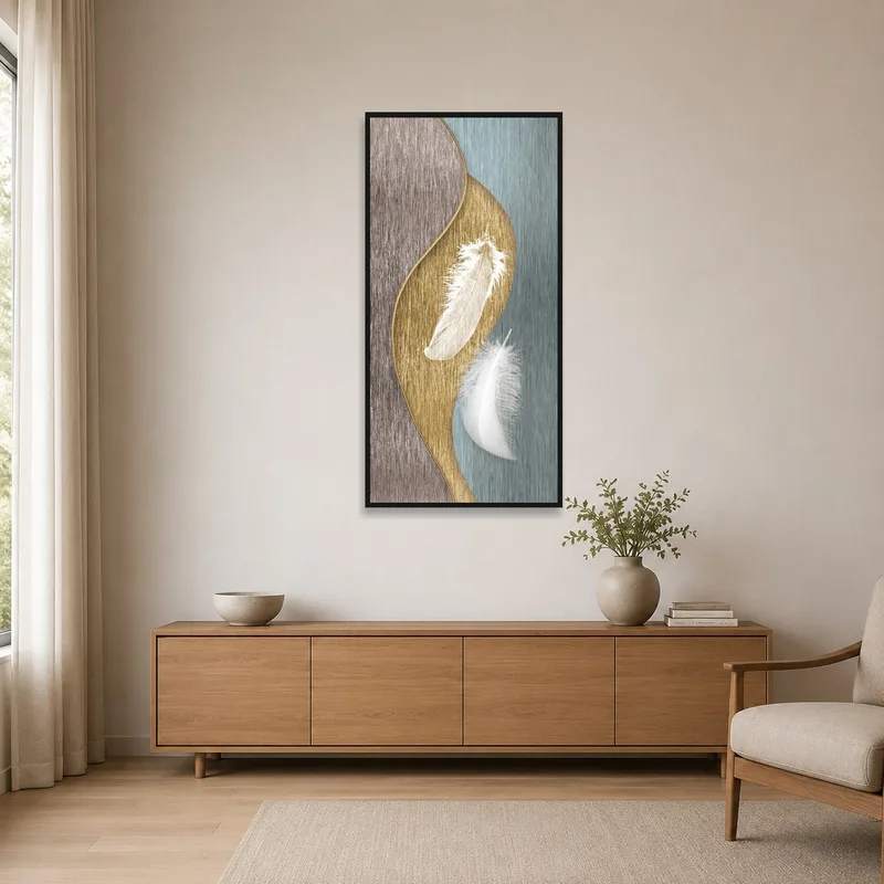 Elegant feather abstract art accentuating a minimalist room decor.