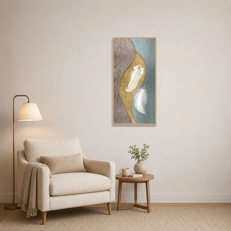 Elegant feather abstract art creating a soothing vibe in a reading corner.