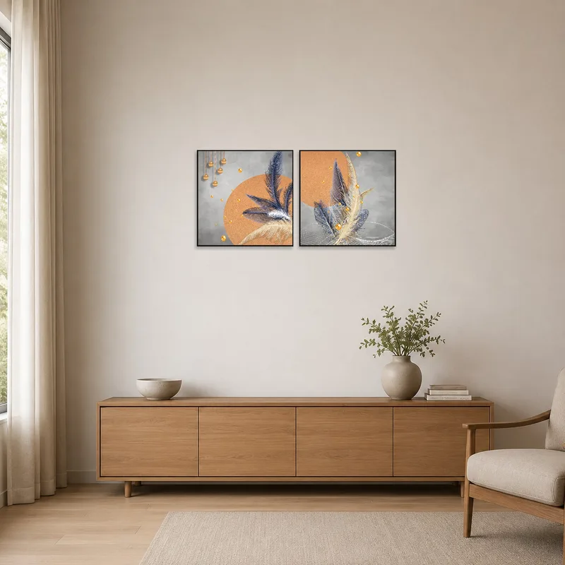 The abstract gold and feather set enhances the clean, simple lines of a minimalist setting.