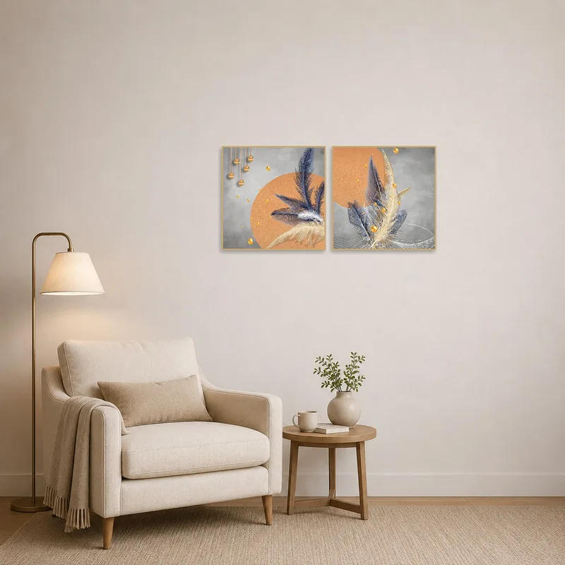 The feather and abstract gold pieces create a serene focal point in the cozy reading corner.