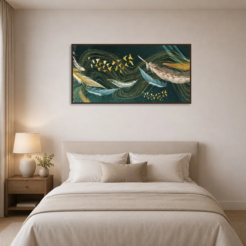 Abstract feather and bird artwork adds softness to a peaceful bedroom.