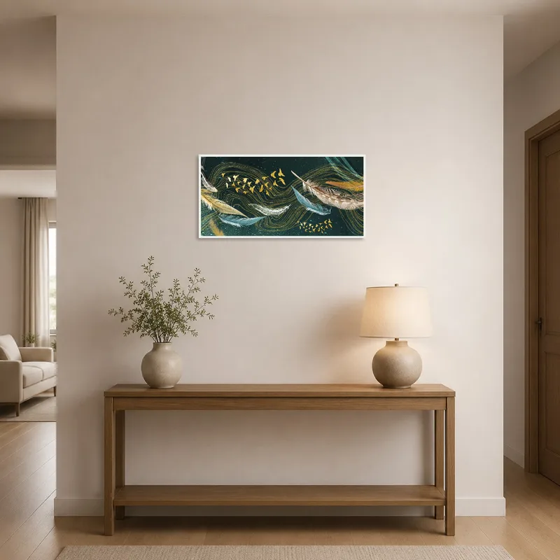 Feather and bird abstract welcoming guests in a bright entrance hall.