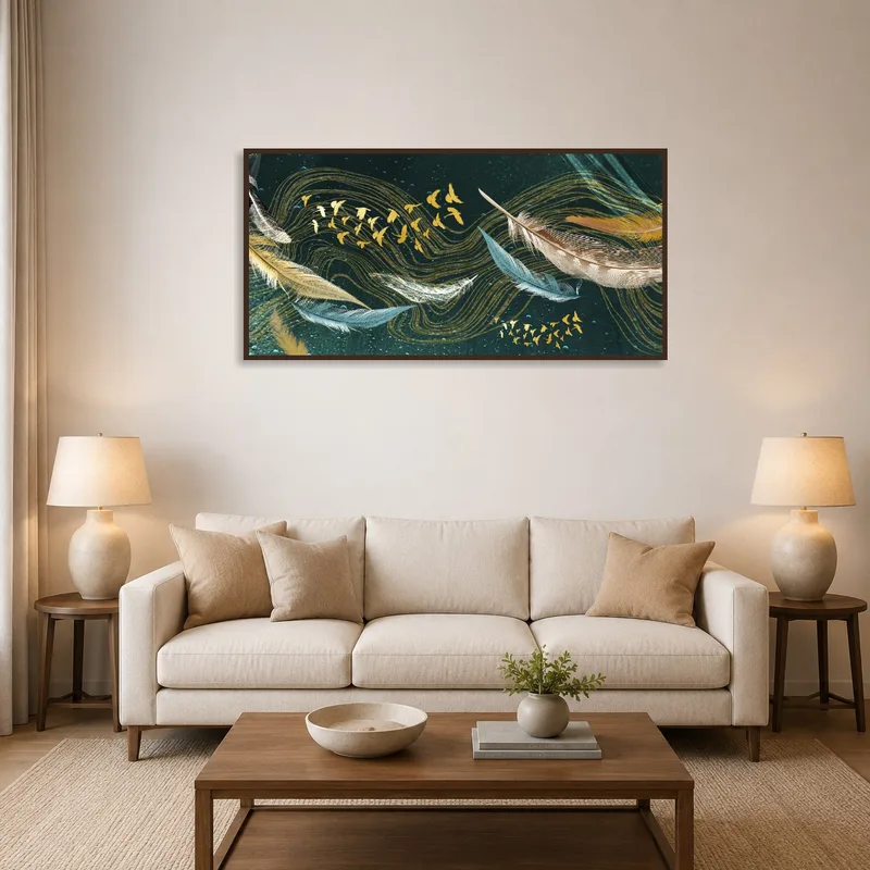 Elegant feather and bird abstract in a living room setting with cozy seating.