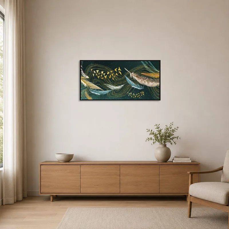 Abstract art of feathers and birds in a minimalist room with clean lines.