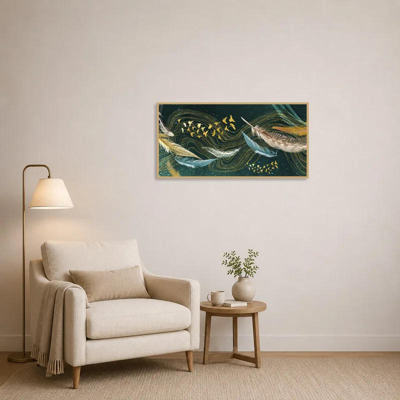 Soothing feather and bird abstract complements a quiet reading corner.